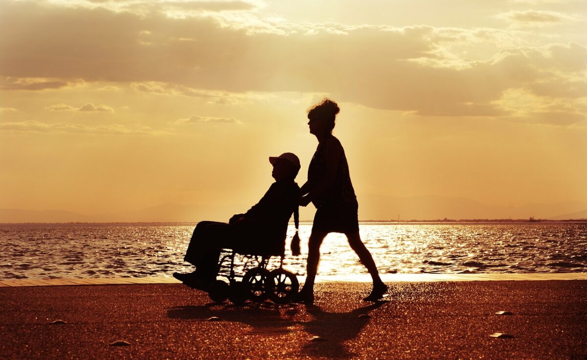 wheelchair, nature, walk, care, disabled, couple, sea, sunset, characters