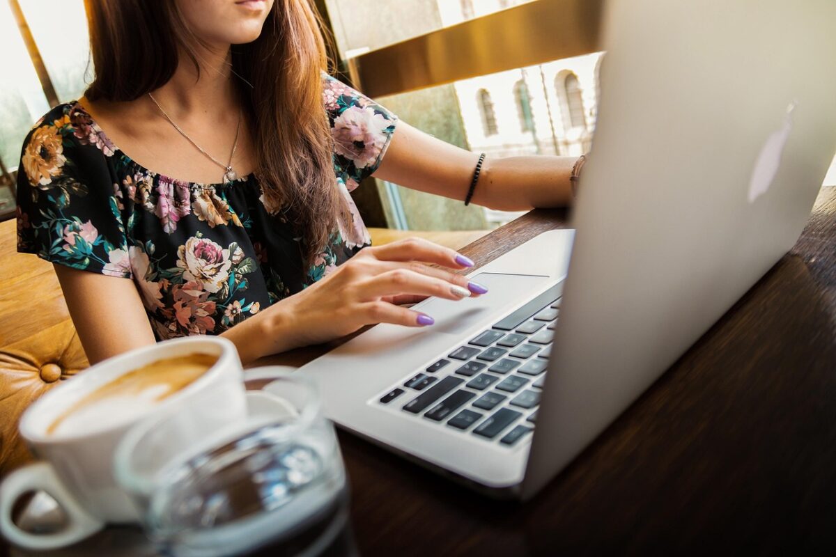 woman, laptop, desk, workspace, macbook, technology, work, coffee cup, working, working woman, coffee, computer, cup, girl, mug