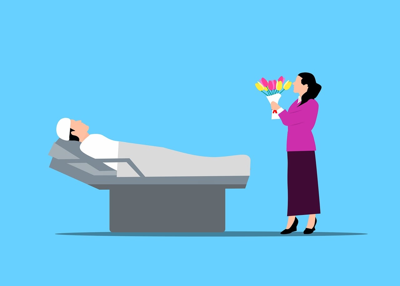 patient, visit, sick, hospital, lying, bed, visiting, gift, friend, friendship, medical, visitor, woman, cartoon, female, care, health, recovery